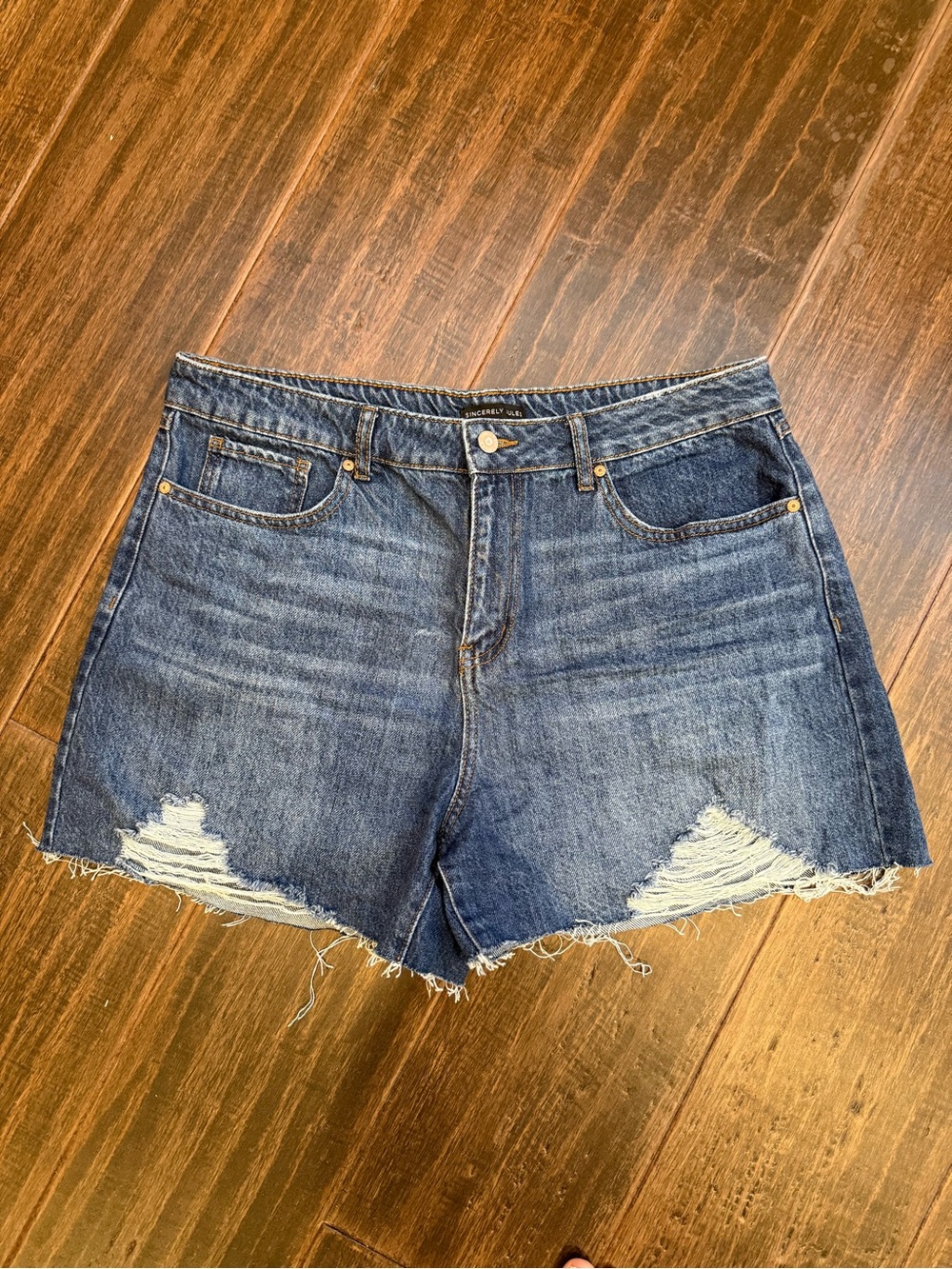 Sincerely Jules Distressed Dark Blue High-Rise Denim Shorts